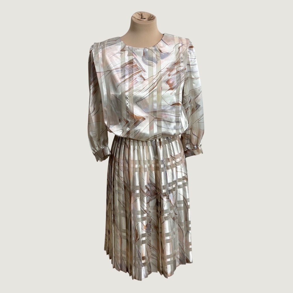 Damon Petite Dress Pink Abstract Pleated Midi 10P Vintage Golden Girl Style 80s